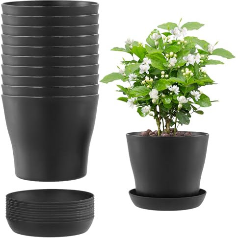 HEIHAK 10 Pack 17cm Black Plastic Plant Pots with Saucers and Drainage, Round Medium Plant Pots Flower Pots for Indoor and Outdoor