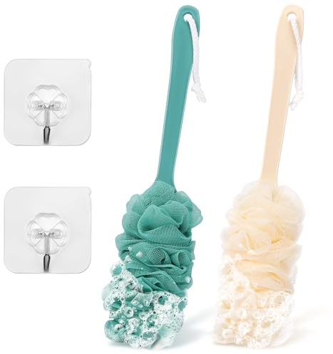 2Pack Back Scrubber for Shower Loofah with Long Handle, Shower Brush for Body, 17″ Loofah on a Stick for Men Women Bathing Accessories, Scrubber Sponge for Exfoliating Bath Brushes (Beige & Green)