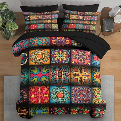 Pamnest Comforter Set King Size, Colorful Vintage Floral 7 Pcs Bedding for Kids and Adults, Mandala Bohemian Flower Bed Sheet Sets with Fitted Sheet 2 Pillowcases & 2 Shams for Bedroom Bed Decor