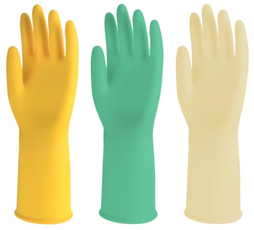 Fuonmka 3 Pairs Rubber Cleaning Gloves for Household, Reusable Extra Thick Household Dishwashing Gloves Waterproof Non-Slip Gloves for Kitchen (Large, Beige+Yellow+Green)