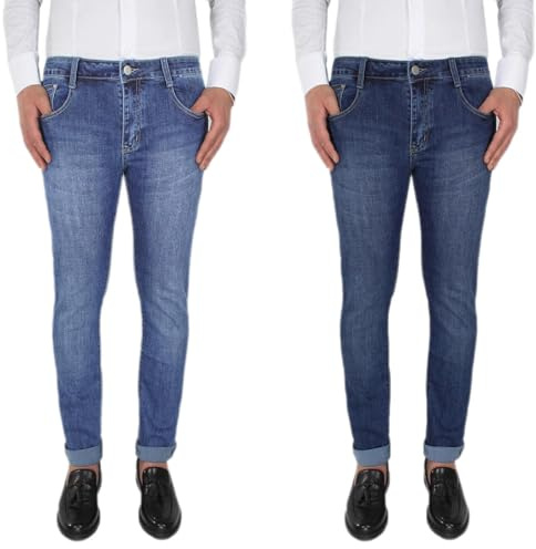 VEQUÈ Set 2 Pezzi Jeans Uomo Regular Fit Pantaloni Comodi 5 Tasche Cotone Leggero Elasticizzato Traspirante Pantalone Grigio Nero Blu Chiaro (IT, Numero, 50, Regular, Regular, Blu Chiaro+Blu Scuro)
