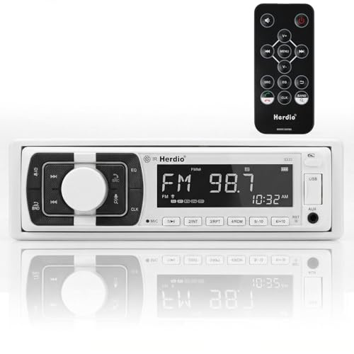 Herdio 240W Bluetooth Marine Stereo Receiver - Single DIN in-Dash AM/FM Radio with USB/AUX/MP3/Built-in Mic for Wireless Music Streaming & Hands-Free Calling (White)