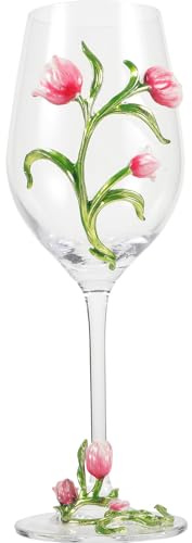 DINHEAROM Premium Pink Tulip Stemmed Wine Glass, Enamel Painted Goblet for Sparkling Wine and Cocktails, Single High Footed Glass for Party, Wedding, and Dining Use