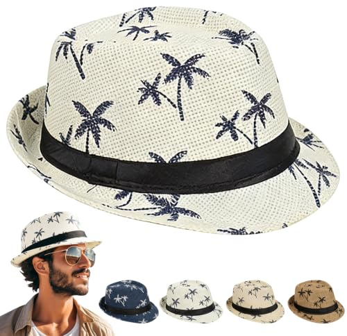 Chapeau de Paille Homme, Chapeau de Paille Panama À Bord Court, Imprimé Palmier, pour Tropical, Vacances, Fête à Thème, Taille 58 – Convient à la Plupart des Gens