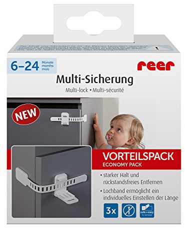 reer 72020 Kindersicherung nach DIN EN 16948 / Multisicherung für Schränke und Schubladen und vieles mehr. Vorteilspack 3 Stück, weiß
