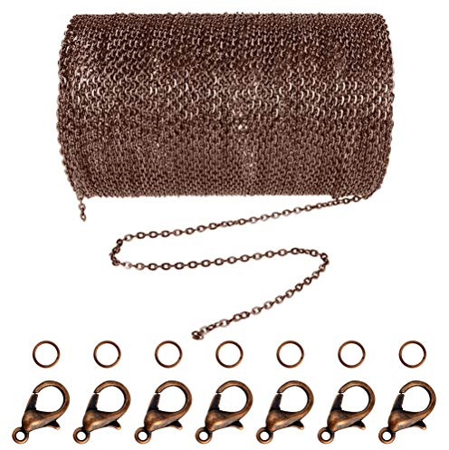 Jerbro - Catenina in lega, lunghezza 10 m, catena a maglie con 20 chiusure a moschettone e 30 anelli per gioielli fai da te, spessore 1,5 mm