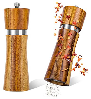 OVOOKER Salz und Pfeffermühle aus Holz - Edle Gewürzmühlen aus Akazienholz, Gewürzmühlen mit Robustem Keramikmahlwerk (16,5 cm), Geschenkidee (2 Stuck)