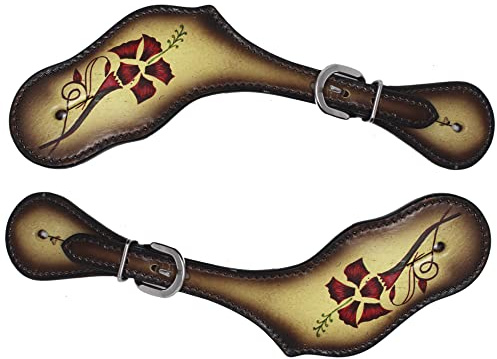 CHALLENGER Horse Western Tack Floral Painted Antique Leather Adjustable Boot Spur Straps 74FK23
