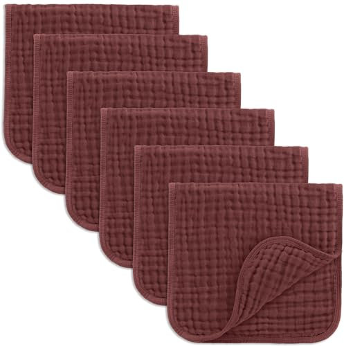 Comfy Cubs Muslin Burp Cloths 50 x 25 cm, Pack of 6 - Large 6-Layer Ultra-Absorbent 100% Cotton for Babies Drool & Messes - Safe & Gentle Baby Burp Cloth Set for Boys & Girls - Wine
