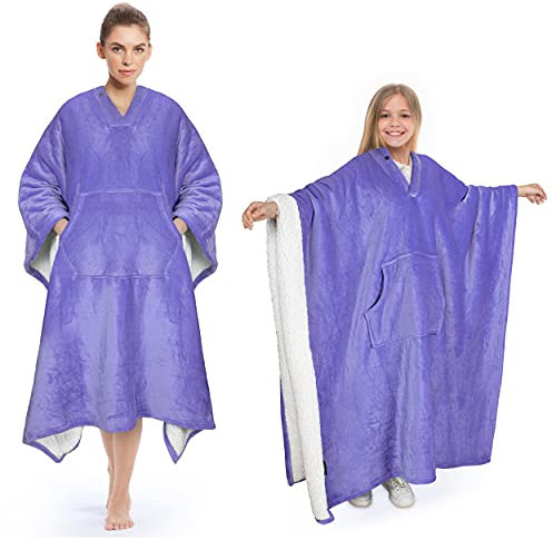 Catalonia Classy Sherpa Fleece Poncho Blanket, Wearable Blanket for Women, Soft Warm Portable Sherpa Blanket with Front Pocket, Winter Gifts for Adults Women Men Kids, Purple, Purple