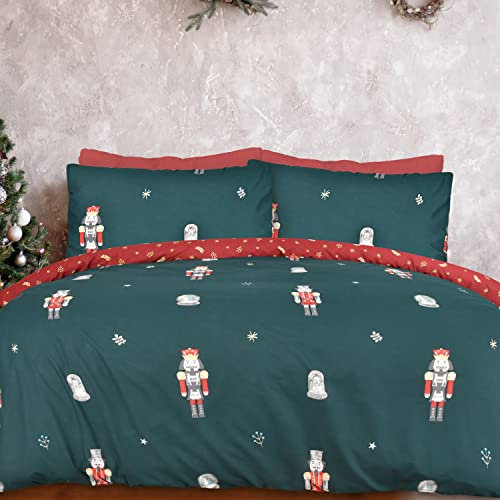 Sleepdown Xmas Nutcracker Green Wine Festive Reversible Duvet Cover Quilt Bedding Set with Pillowcases Soft Easy Care Bed Linen - Double (200cm x 200cm), 5056557512638