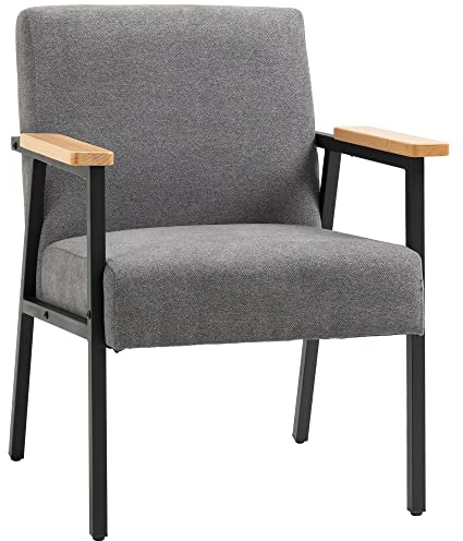 HOMCOM Butaca de Salón Sillón Decorativa Moderna Tapizado en Poliéster con Reposabrazos de Madera y Patas de Acero para Cocina Oficina Dormitorio 64,5x70x83,5 cm Gris