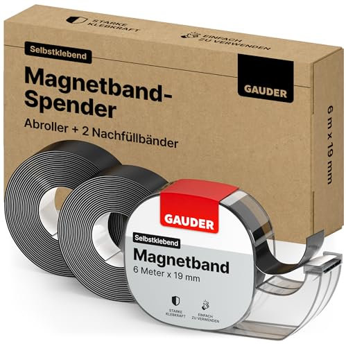 GAUDER Cinta Magnética con Dispensador - Tira Magnética Autoadhesiva para Objetos Ligeros - Cinta Imantada para Postales y Fotos sobre Superficies Metálicas (6 m x 19 mm + 2 Rollos de Recambio)
