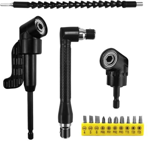 14 Pièces Renvoi d'Angle Visseuse Kit,105° Tournevis Flexible, Rallonge Perceuse Visseuse Flexible pour Perceuse, 1/4 Embouts Vissage Courts, pour Forets à Angle Droit d'Extension Kit