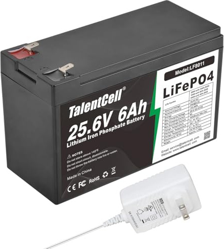 Talentcell 24V 6Ah LiFePO4 Battery Pack LF8011, 25.6V 153.6Wh Deep Cycle Rechargeable Lithium Iron Phosphate Batteries with Charger and Female Spade Terminal Wire, for Trolling Motor, RV, Camping