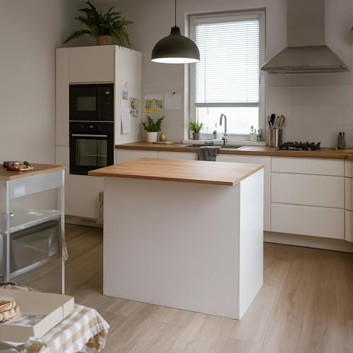 Dmora - Kücheninsel Emmanuel, Mehrzweckschrank, Küchenzeile Schrank, Zusätzlicher Tisch, 100% Made in Italy, 125 x 90 x 90 cm, glänzendes Weiß und Eiche