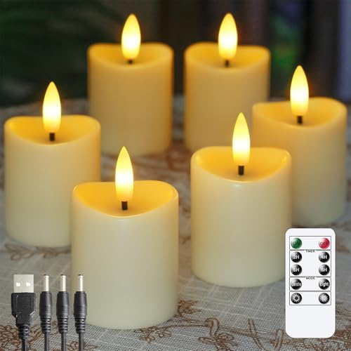 Zevanor Velas LED recargables a distancia sin llama de 5 cm x 6 cm, Temporizador de marfil de plástico parpadeante Paquete de 6 pequeñas mini velas con cable de carga
