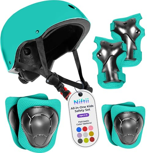 Niftii Kids Helmet with Pads - Adjustable Multi-Sport Complete Safety Gear for Cycling, Skateboarding & Scooting, Ideal for Boys & Girls Ages 3-15 Kids Bike Helmet Set, Turquoise