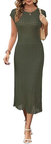 Newshows Summer Dresses for Women UK Hollow Knit Casual Work Business Elegant Ladies Midi Dress Army Green,M
