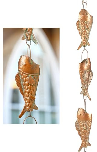 Phaxth Copper Patina Rain Chain with Rainbow Trout for Heavy Rain, Functional and Decorative Replacement Downspout Chain for Outside, Rain Catcher Chain for Gutters, 8.5FT