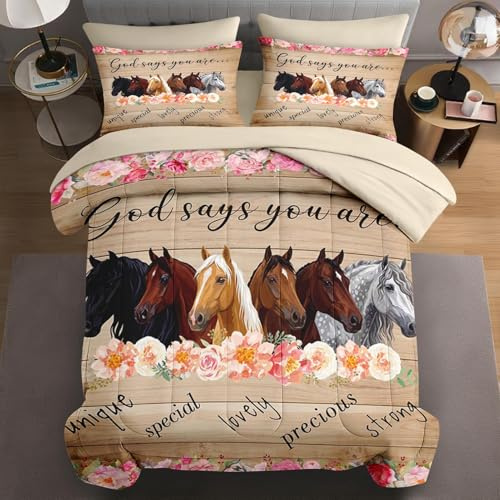 WeCozy 7 Pcs Queen Size Comforter Set with 2 Pillowcases & 2 Shams, Horses Animal Flower Bedding for Kids and Adults, Inspirational Thoughts Bed in a Bag with Flat Fitted Sheet