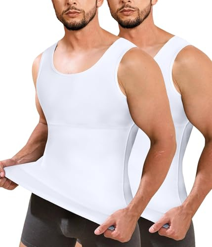 Junlan Men Compression Shirt Vest 2 Pack Slimming Body Shaper Tummy Control Shapewear Tank Tops Seamless Undershirts (White/White,L)