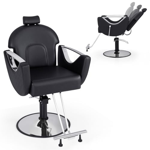 RELAX4LIFE Poltrona Parrucchiere, Sedia Barber 360° in Pelle PVC con Braccioli/Poggiapiedi, Schienale 106°-140°, Poggiatesta/Altezza Regolabile, Max 150KG per Salone (Nero, 95x70x(116-139) cm)