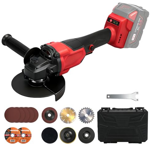 125 mm sladdlös vinkelslip, kompatibel med Milwaukee M 18 V-batteri (utan batteri), 900 W, 9 000 varv/min, borstlös vinkelslip med 3 hastigheter, 12 skivor, extra handtag och plastlåda