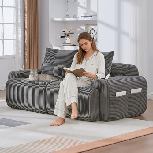 Yihomfy Canapé Modulaire 2 Places, Velours Côtelé Boneless Canapé Double avec Porte-Boissons et Poche de Rangement Latérale, Configuration Libre, pour Salon,Chambre