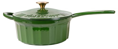 Römergryta gjutjärn kastrull med lock 22 cm – kastrull emaljbeläggning, alla typer av spisar inklusive induktion, ugnssäker 250 °C, för såser risotto fondue, PFAS-fri, djupgrön
