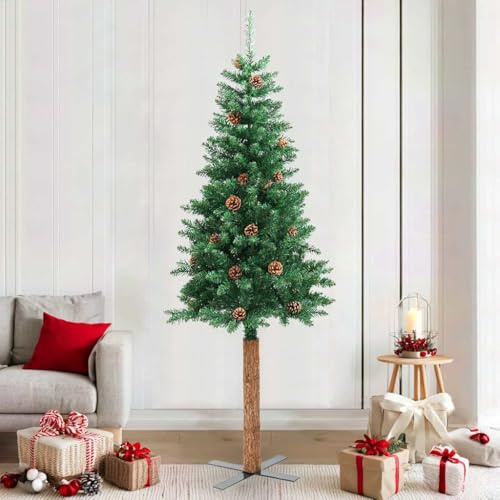 sephironlbb julgran smal med äkta trä och kottar grön 210 cm PVC gran konstgjord verklighetstrogen med stativ för vardagsrum, inomhus, adventsdekoration