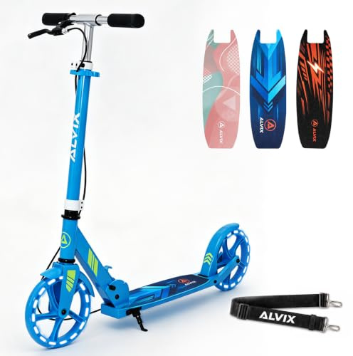 ALVIX Barnskoter med handbroms och LED-lysande cyklar, höjdjusterbara barnvagnar från 6 år, 200 mm hjul, vikbar sparkcykel med bärrem, brett däck, upp till 100 kg