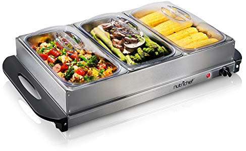NutriChef 3 Tray Buffet Server & Hot Plate Food Warmer | Tabletop Electric Food Warming Tray | Easy Clean Stainless Steel | Portable & Great for Parties & Events | Max Temp 175F | (PKBFWM33.V7)