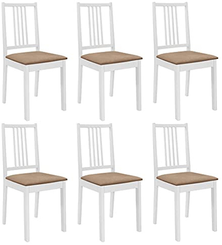 vidaXL 6X Caucho Sillas Comedor Madera Maciza Diseño Clásico Elegante Cojín Asiento Acolchado Conjunto Asientos Cocina Salón Sala Blanco y Crema