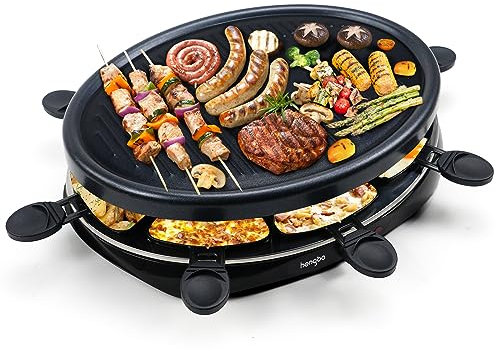Raclette 8 Personen - Raclette Grill mit 8 Raclette Pfännchen und 2 Holzspateln Antihaftbeschichtung Thermostat Barbecue Grill Elektrische Grillpfannen für Familie - 1300W