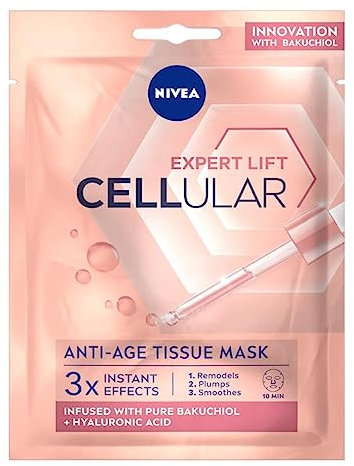 NIVEA Cellular Expert Lift - Mascarilla Facial de Tejido Antiedad - Con Ácido Hialurónico y Bakuchiol Puro - Remodela y Reduce la Arrugas - Piel más Firme - Todo Tipo de Piel y Madura - 1 Unidad