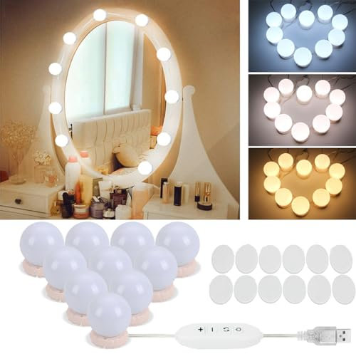Vanity Mirror Lights,Hollywood Style Led Light Kit with 10 Dimmable Bulbs,USB Cable Vanity Lights for Mirror with 3 Color Modes & 10 Adjustable Brightness (Mirror & USB Charger Not Include)