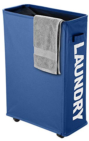 Panier à linge Pliable à Roulettes, IHOMAGIC Corbeilles à Linge mince et pliant Bac à Linge Sale Collecteur de Buanderie Poignées en Polyester pour ranger Vêtements 40L, 39x18.5x58cm, Bleu Foncé