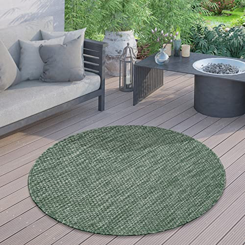 Paco Home Outdoor Teppich Flachgewebe Sisaloptik Modern Einfarbig meliert wetterfest & pflegeleicht Küchenteppich Ideal für Terrasse Balkon Garten Meliert Einfarbig, Grösse:120 cm Rund, Farbe:Grün
