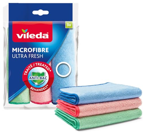 Vileda 100% hochwertige Mikrofaser Ultra Fresh Handtücher, enthält Silberionen, die Bakterien abbauen, 3 Tücher, Mehrfarbig