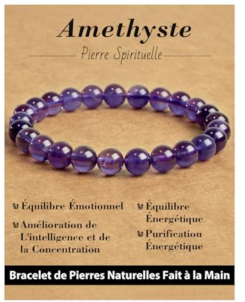 Landorilo Bracelet en Pierre Naturelle de 8 mm Fait à la Main pour Homme et Femme, Bracelets de Yoga Élastique Hautement Poli, Cadeaux de Bijoux Créatifs(Améthyste)