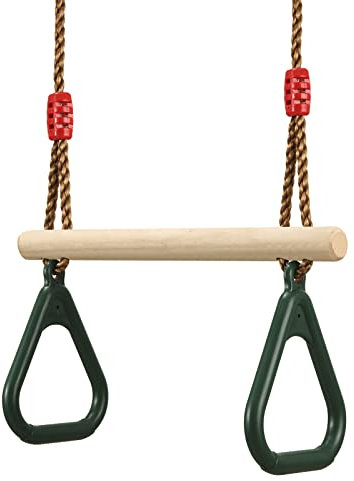 PELLOR Altalena Trapezio in Legno Multifunzionale per Bambini con Anelli da Ginnastica in Plastica per Appendere Portata Fino a 160 kg (Verde)