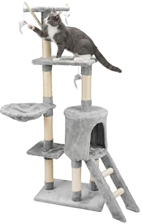 AQPET Tiragraffi Paris 138 cm con Cuccia per Gatti Albero Parco Giochi Gioco Tira Graffi per Gatto, Grigio
