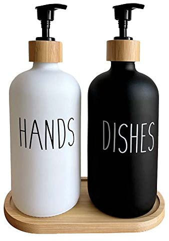Glas tvåldispensersats, 480 ml diskmedelsdispenser kök med bambupump, bricka, innehåller vit tvålflaska händer och svart tvålflaska Dishes för kök och badrum dekoration