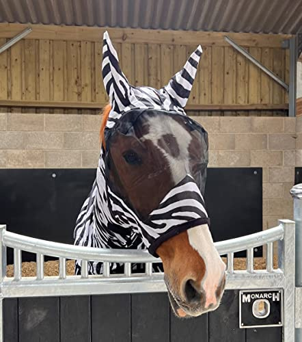 Zebra Print Fly Mask Hood with Ears Horse and Pony Sizes (M (Cob))