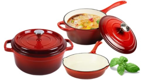LUKIN Topfset Gusseisen emailliert | 5-teilig | Schmortopf & Stielkasserolle mit Deckel, Bratpfanne | für Induktion & alle Herdarten | backofenfest & hitzebeständig | rot, rund