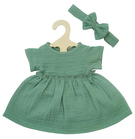 Heless 1424 - Puppenkleidung aus Musselin, 100 Prozent Bio-Baumwolle, 2-teiliges Set mit Kleid und Haarband in Salbeigrün für Puppen und Kuscheltiere der Größe 28-35 cm
