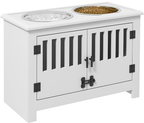 PawHut Raised Dog Bowls for Large Dogs, Pet Feeding Station, Doors with Latch, Storage Cabinet, Two Stainless Steel Bowls - White
