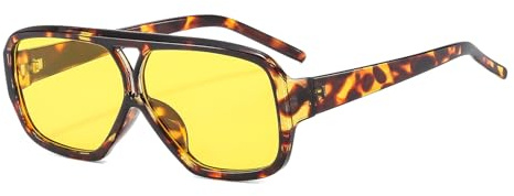 LJCZKA Lunettes de soleil Pilote Classiques Vintage pour Femmes et Hommes, Rétro Surdimensionnées Carrées Double Pont années 70 Protection UV400 pour Conduite en Plein Air (Léopard Jaune)