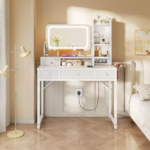 ODK Dressing Table with Adjustable LED Mirror, Vanity Desk with 4 Fabric Drawers, Vanity Table with Built-in USB Outlet, White makeup desk 100×40×140cm